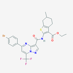 molecular formula C26H22BrF3N4O3S B332255 Ethyl 2-({[5-(4-bromophenyl)-7-(trifluoromethyl)pyrazolo[1,5-a]pyrimidin-3-yl]carbonyl}amino)-6-methyl-4,5,6,7-tetrahydro-1-benzothiophene-3-carboxylate 
