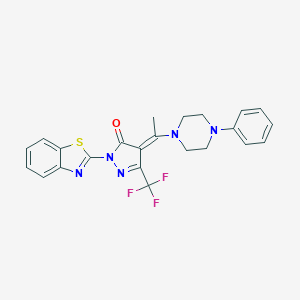 molecular formula C23H20F3N5OS B332263 2-(1,3-benzothiazol-2-yl)-4-[1-(4-phenyl-1-piperazinyl)ethylidene]-5-(trifluoromethyl)-2,4-dihydro-3H-pyrazol-3-one 