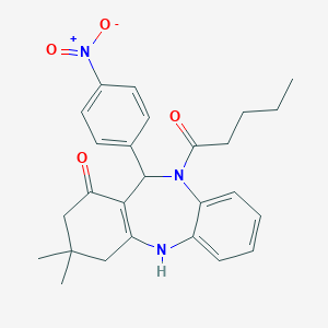 molecular formula C26H29N3O4 B332276 11-{4-nitrophenyl}-3,3-dimethyl-10-pentanoyl-2,3,4,5,10,11-hexahydro-1H-dibenzo[b,e][1,4]diazepin-1-one 