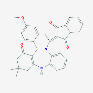 molecular formula C33H30N2O4 B332289 2-{1-[11-(4-methoxyphenyl)-3,3-dimethyl-1-oxo-1,2,3,4,5,11-hexahydro-10H-dibenzo[b,e][1,4]diazepin-10-yl]ethylidene}-1H-indene-1,3(2H)-dione 