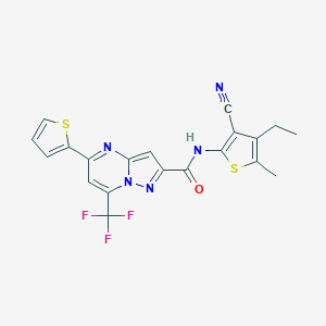 molecular formula C20H14F3N5OS2 B332301 N-(3-cyano-4-ethyl-5-methyl-2-thienyl)-5-(2-thienyl)-7-(trifluoromethyl)pyrazolo[1,5-a]pyrimidine-2-carboxamide 