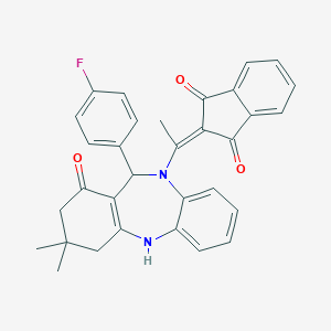 molecular formula C32H27FN2O3 B332311 2-{1-[11-(4-fluorophenyl)-3,3-dimethyl-1-oxo-1,2,3,4,5,11-hexahydro-10H-dibenzo[b,e][1,4]diazepin-10-yl]ethylidene}-1H-indene-1,3(2H)-dione 