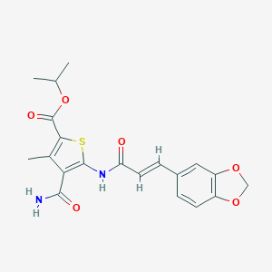 molecular formula C20H20N2O6S B332323 Isopropyl 4-(aminocarbonyl)-5-{[3-(1,3-benzodioxol-5-yl)acryloyl]amino}-3-methyl-2-thiophenecarboxylate 