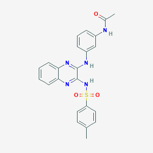 molecular formula C23H21N5O3S B332339 N-{3-[(3-{[(4-methylphenyl)sulfonyl]amino}-2-quinoxalinyl)amino]phenyl}acetamide 
