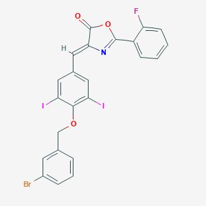 molecular formula C23H13BrFI2NO3 B332363 4-{4-[(3-bromobenzyl)oxy]-3,5-diiodobenzylidene}-2-(2-fluorophenyl)-1,3-oxazol-5(4H)-one 