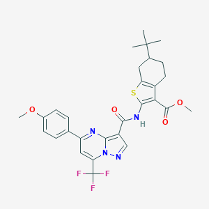 molecular formula C29H29F3N4O4S B332374 Methyl 6-tert-butyl-2-({[5-(4-methoxyphenyl)-7-(trifluoromethyl)pyrazolo[1,5-a]pyrimidin-3-yl]carbonyl}amino)-4,5,6,7-tetrahydro-1-benzothiophene-3-carboxylate 