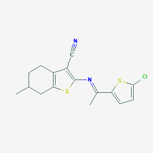 molecular formula C16H15ClN2S2 B332394 2-{[1-(5-Chloro-2-thienyl)ethylidene]amino}-6-methyl-4,5,6,7-tetrahydro-1-benzothiophene-3-carbonitrile 