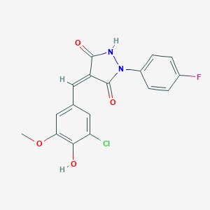 molecular formula C17H12ClFN2O4 B332415 (4Z)-4-(3-chloro-4-hydroxy-5-methoxybenzylidene)-1-(4-fluorophenyl)pyrazolidine-3,5-dione 