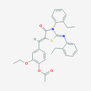 molecular formula C30H30N2O4S B332425 2-Ethoxy-4-({3-(2-ethylphenyl)-2-[(2-ethylphenyl)imino]-4-oxo-1,3-thiazolidin-5-ylidene}methyl)phenyl acetate 