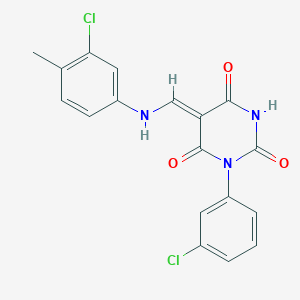 molecular formula C18H13Cl2N3O3 B332458 (5Z)-5-[(3-chloro-4-methylanilino)methylidene]-1-(3-chlorophenyl)-1,3-diazinane-2,4,6-trione 