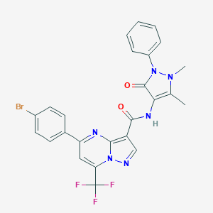 molecular formula C25H18BrF3N6O2 B332479 5-(4-bromophenyl)-N-(1,5-dimethyl-3-oxo-2-phenyl-2,3-dihydro-1H-pyrazol-4-yl)-7-(trifluoromethyl)pyrazolo[1,5-a]pyrimidine-3-carboxamide 