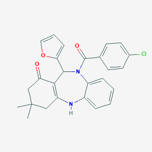 molecular formula C26H23ClN2O3 B332483 10-(4-chlorobenzoyl)-11-(2-furyl)-3,3-dimethyl-2,3,4,5,10,11-hexahydro-1H-dibenzo[b,e][1,4]diazepin-1-one 