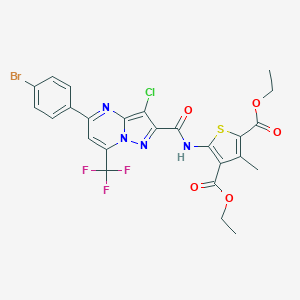molecular formula C25H19BrClF3N4O5S B332530 Diethyl 5-({[5-(4-bromophenyl)-3-chloro-7-(trifluoromethyl)pyrazolo[1,5-a]pyrimidin-2-yl]carbonyl}amino)-3-methyl-2,4-thiophenedicarboxylate 