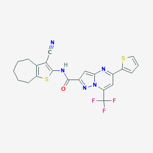 molecular formula C22H16F3N5OS2 B332545 N-(3-cyano-5,6,7,8-tetrahydro-4H-cyclohepta[b]thiophen-2-yl)-5-(thiophen-2-yl)-7-(trifluoromethyl)pyrazolo[1,5-a]pyrimidine-2-carboxamide 