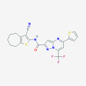 molecular formula C22H16F3N5OS2 B332545 N-{3-CYANO-4H,5H,6H,7H,8H-CYCLOHEPTA[B]THIOPHEN-2-YL}-5-(THIOPHEN-2-YL)-7-(TRIFLUOROMETHYL)PYRAZOLO[1,5-A]PYRIMIDINE-2-CARBOXAMIDE 