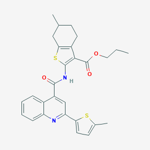 molecular formula C28H28N2O3S2 B332558 Propyl 6-methyl-2-({[2-(5-methylthiophen-2-yl)quinolin-4-yl]carbonyl}amino)-4,5,6,7-tetrahydro-1-benzothiophene-3-carboxylate 
