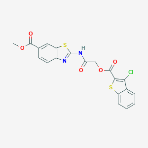 molecular formula C20H13ClN2O5S2 B332575 Methyl 2-[({[(3-chloro-1-benzothien-2-yl)carbonyl]oxy}acetyl)amino]-1,3-benzothiazole-6-carboxylate 
