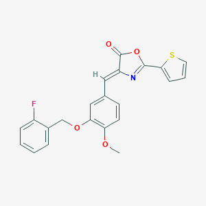 molecular formula C22H16FNO4S B332589 4-{3-[(2-fluorobenzyl)oxy]-4-methoxybenzylidene}-2-(2-thienyl)-1,3-oxazol-5(4H)-one 