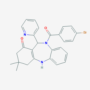 molecular formula C27H24BrN3O2 B332605 10-(4-bromobenzoyl)-3,3-dimethyl-11-(2-pyridinyl)-2,3,4,5,10,11-hexahydro-1H-dibenzo[b,e][1,4]diazepin-1-one 