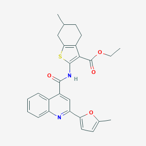molecular formula C27H26N2O4S B332673 Ethyl 6-methyl-2-({[2-(5-methylfuran-2-yl)quinolin-4-yl]carbonyl}amino)-4,5,6,7-tetrahydro-1-benzothiophene-3-carboxylate 