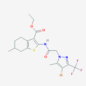 molecular formula C19H21BrF3N3O3S B332714 ethyl 2-({[4-bromo-5-methyl-3-(trifluoromethyl)-1H-pyrazol-1-yl]acetyl}amino)-6-methyl-4,5,6,7-tetrahydro-1-benzothiophene-3-carboxylate 