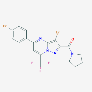 molecular formula C18H13Br2F3N4O B332718 3-Bromo-5-(4-bromophenyl)-2-(1-pyrrolidinylcarbonyl)-7-(trifluoromethyl)pyrazolo[1,5-a]pyrimidine 