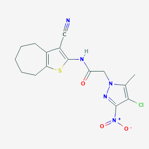molecular formula C16H16ClN5O3S B332753 2-(4-chloro-5-methyl-3-nitro-1H-pyrazol-1-yl)-N-(3-cyano-5,6,7,8-tetrahydro-4H-cyclohepta[b]thiophen-2-yl)acetamide 