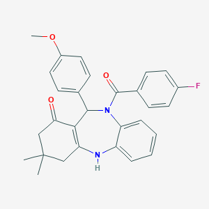 molecular formula C29H27FN2O3 B332764 5-(4-Fluorobenzoyl)-6-(4-methoxyphenyl)-9,9-dimethyl-6,8,10,11-tetrahydrobenzo[b][1,4]benzodiazepin-7-one 