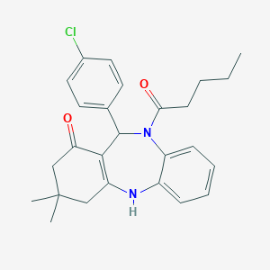 molecular formula C26H29ClN2O2 B332802 6-(4-Chlorophenyl)-9,9-dimethyl-5-pentanoyl-6,8,10,11-tetrahydrobenzo[b][1,4]benzodiazepin-7-one 