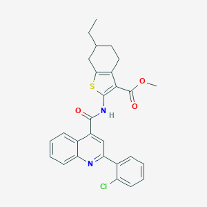 molecular formula C28H25ClN2O3S B332809 Methyl 2-({[2-(2-chlorophenyl)-4-quinolinyl]carbonyl}amino)-6-ethyl-4,5,6,7-tetrahydro-1-benzothiophene-3-carboxylate 