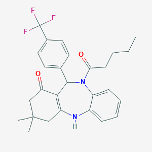 molecular formula C27H29F3N2O2 B332813 3,3-dimethyl-10-pentanoyl-11-[4-(trifluoromethyl)phenyl]-2,3,4,5,10,11-hexahydro-1H-dibenzo[b,e][1,4]diazepin-1-one 