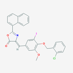 molecular formula C28H19ClINO4 B332816 4-{4-[(2-chlorobenzyl)oxy]-3-iodo-5-methoxybenzylidene}-2-(1-naphthyl)-1,3-oxazol-5(4H)-one 