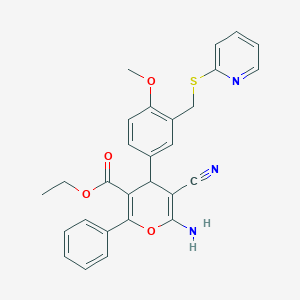 molecular formula C28H25N3O4S B332851 ethyl 6-amino-5-cyano-4-{4-methoxy-3-[(2-pyridinylsulfanyl)methyl]phenyl}-2-phenyl-4H-pyran-3-carboxylate 