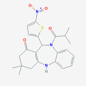 molecular formula C23H25N3O4S B332942 9,9-Dimethyl-5-(2-methylpropanoyl)-6-(5-nitro-2-thienyl)-6,8,10,11-tetrahydrobenzo[b][1,4]benzodiazepin-7-one 