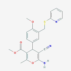 molecular formula C22H21N3O4S B332943 6-Amino-5-cyano-4-[4-methoxy-3-(pyridin-2-ylsulfanylmethyl)-phenyl]-2-methyl-4H-pyran-3-carboxylic acid methyl ester 