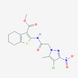 molecular formula C16H17ClN4O5S B332947 methyl 2-[({4-chloro-3-nitro-5-methyl-1H-pyrazol-1-yl}acetyl)amino]-4,5,6,7-tetrahydro-1-benzothiophene-3-carboxylate 