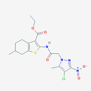 molecular formula C18H21ClN4O5S B332950 ethyl 2-[({4-chloro-3-nitro-5-methyl-1H-pyrazol-1-yl}acetyl)amino]-6-methyl-4,5,6,7-tetrahydro-1-benzothiophene-3-carboxylate 