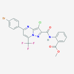 molecular formula C22H13BrClF3N4O3 B332973 Methyl 2-({[5-(4-bromophenyl)-3-chloro-7-(trifluoromethyl)pyrazolo[1,5-a]pyrimidin-2-yl]carbonyl}amino)benzoate 