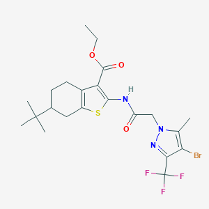 molecular formula C22H27BrF3N3O3S B333068 ethyl 2-({[4-bromo-5-methyl-3-(trifluoromethyl)-1H-pyrazol-1-yl]acetyl}amino)-6-tert-butyl-4,5,6,7-tetrahydro-1-benzothiophene-3-carboxylate 