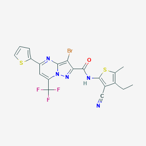 molecular formula C20H13BrF3N5OS2 B333077 3-bromo-N-(3-cyano-4-ethyl-5-methylthiophen-2-yl)-5-(thiophen-2-yl)-7-(trifluoromethyl)pyrazolo[1,5-a]pyrimidine-2-carboxamide 