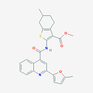 molecular formula C26H24N2O4S B333080 Methyl 6-methyl-2-({[2-(5-methyl-2-furyl)-4-quinolinyl]carbonyl}amino)-4,5,6,7-tetrahydro-1-benzothiophene-3-carboxylate 