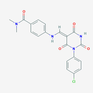 molecular formula C20H17ClN4O4 B333103 4-[[(Z)-[1-(4-chlorophenyl)-2,4,6-trioxo-1,3-diazinan-5-ylidene]methyl]amino]-N,N-dimethylbenzamide 