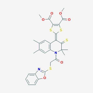molecular formula C29H26N2O6S4 B333112 dimethyl 2-(1-[(1,3-benzoxazol-2-ylsulfanyl)acetyl]-2,2,6,7-tetramethyl-3-thioxo-2,3-dihydro-4(1H)-quinolinylidene)-1,3-dithiole-4,5-dicarboxylate 