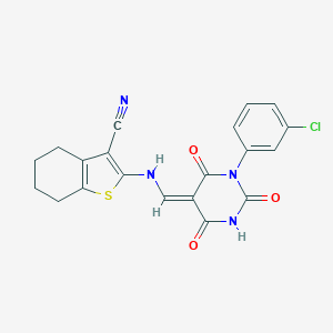 molecular formula C20H15ClN4O3S B333128 2-[[(Z)-[1-(3-chlorophenyl)-2,4,6-trioxo-1,3-diazinan-5-ylidene]methyl]amino]-4,5,6,7-tetrahydro-1-benzothiophene-3-carbonitrile 