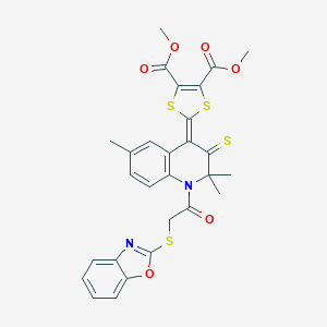 molecular formula C28H24N2O6S4 B333135 dimethyl 2-(1-[(1,3-benzoxazol-2-ylsulfanyl)acetyl]-2,2,6-trimethyl-3-thioxo-2,3-dihydro-4(1H)-quinolinylidene)-1,3-dithiole-4,5-dicarboxylate 