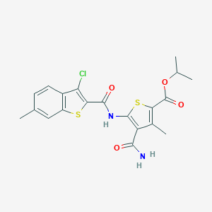 molecular formula C20H19ClN2O4S2 B333142 Isopropyl 4-(aminocarbonyl)-5-{[(3-chloro-6-methyl-1-benzothien-2-yl)carbonyl]amino}-3-methyl-2-thiophenecarboxylate 