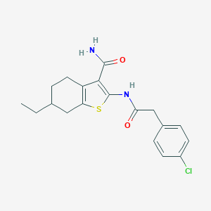 molecular formula C19H21ClN2O2S B333165 2-{[(4-Chlorophenyl)acetyl]amino}-6-ethyl-4,5,6,7-tetrahydro-1-benzothiophene-3-carboxamide 