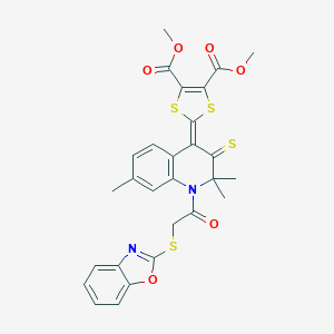 molecular formula C28H24N2O6S4 B333184 dimethyl 2-(1-[(1,3-benzoxazol-2-ylsulfanyl)acetyl]-2,2,7-trimethyl-3-thioxo-2,3-dihydro-4(1H)-quinolinylidene)-1,3-dithiole-4,5-dicarboxylate 
