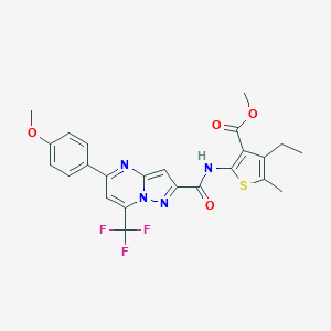 molecular formula C24H21F3N4O4S B333187 Methyl 4-ethyl-2-({[5-(4-methoxyphenyl)-7-(trifluoromethyl)pyrazolo[1,5-a]pyrimidin-2-yl]carbonyl}amino)-5-methylthiophene-3-carboxylate 