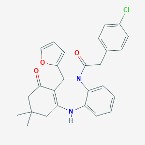 molecular formula C27H25ClN2O3 B333202 10-[(4-chlorophenyl)acetyl]-11-(2-furyl)-3,3-dimethyl-2,3,4,5,10,11-hexahydro-1H-dibenzo[b,e][1,4]diazepin-1-one 